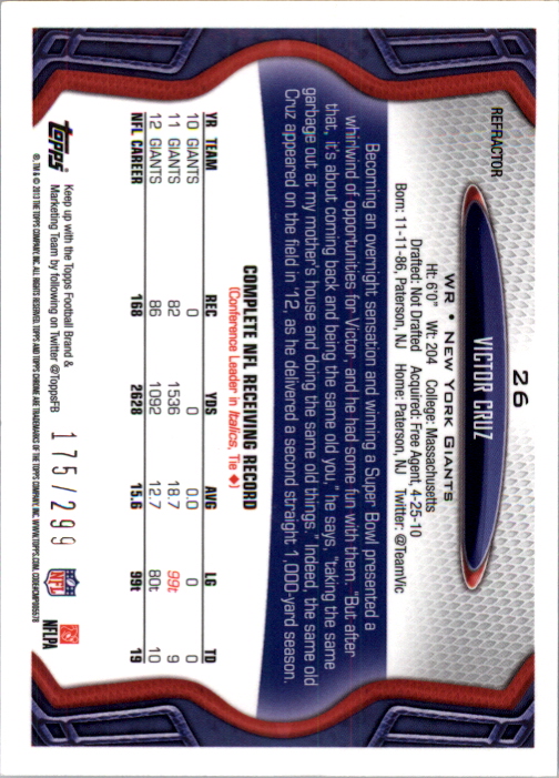 2013 Topps Chrome Black Refractors #26 Victor Cruz