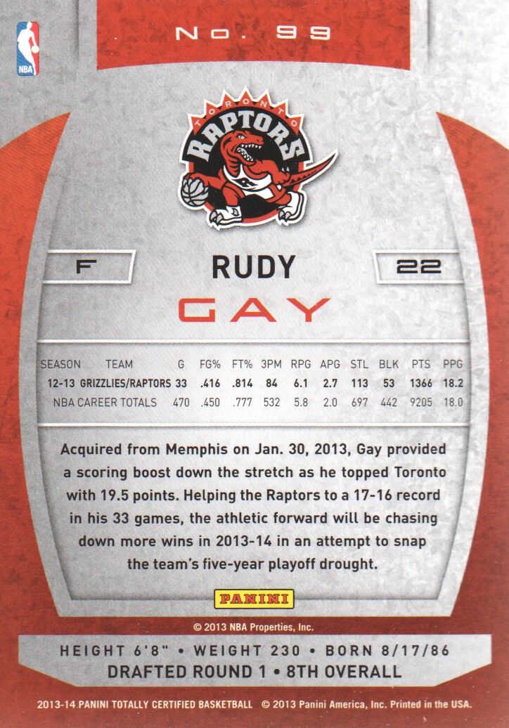 2013-14 Totally Certified #99 Rudy Gay back image