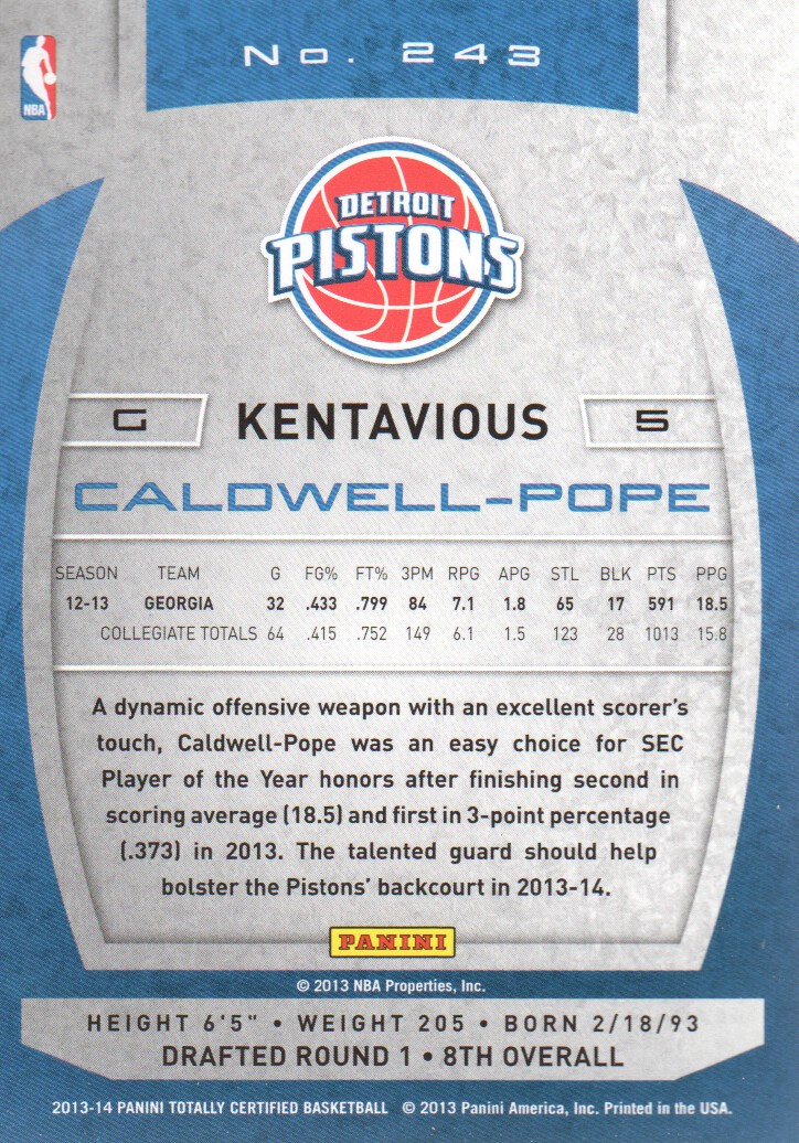 2013-14 Totally Certified #243 Kentavious Caldwell-Pope RC back image