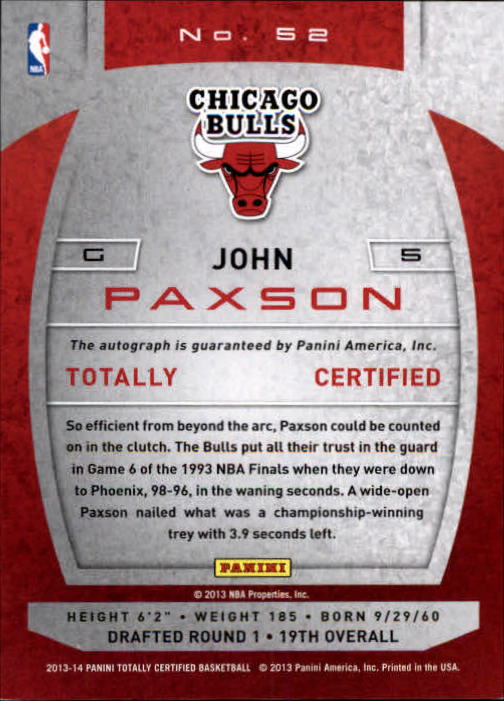 2013-14 Totally Certified Autographs #52 John Paxson back image