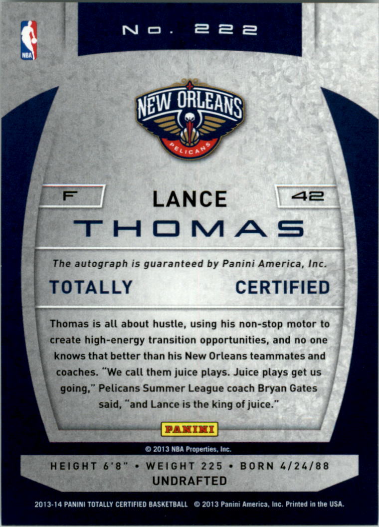 2013-14 Totally Certified Autographs #222 Lance Thomas back image