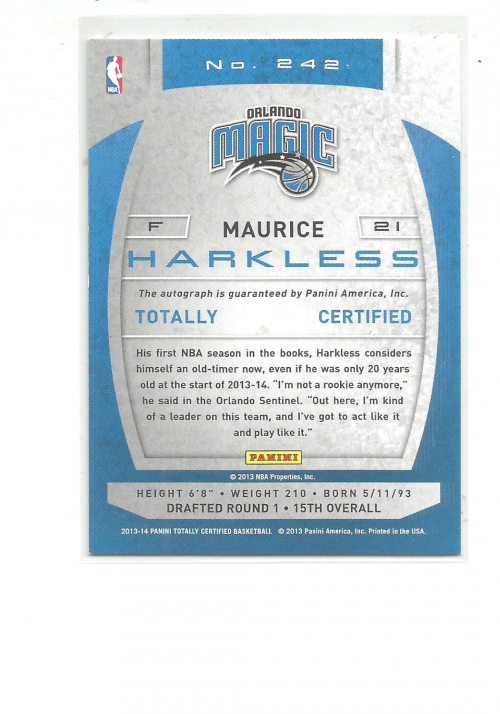 2013-14 Totally Certified Autographs #242 Maurice Harkless back image
