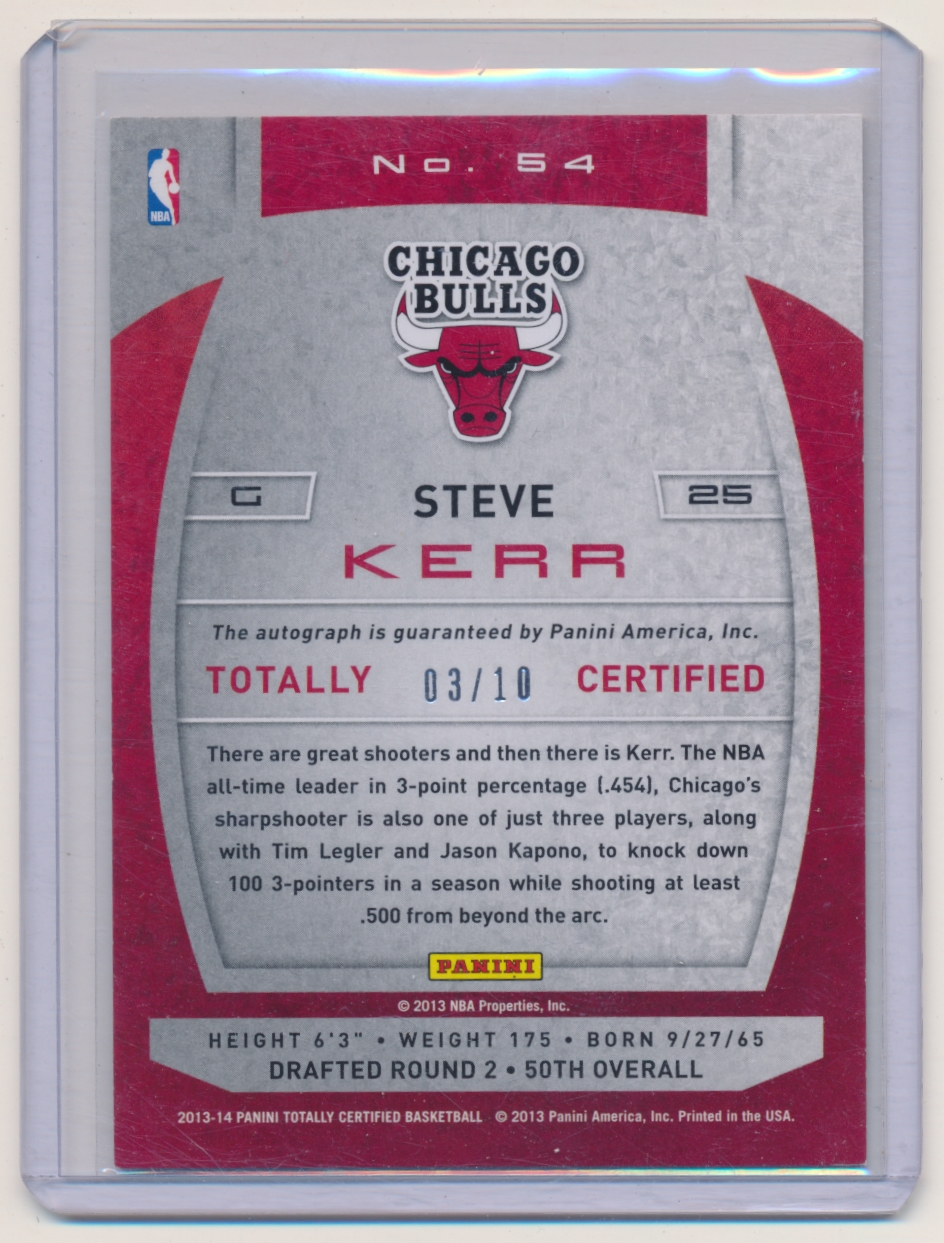 2013-14 Totally Certified Autographs Red #54 Steve Kerr/10 back image