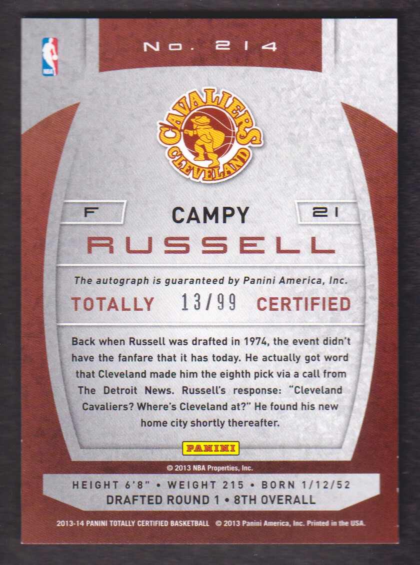 2013-14 Totally Certified Autographs Red #214 Campy Russell/99 back image