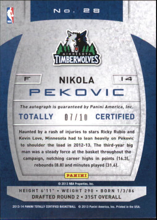 2013-14 Totally Certified Autographs Blue #28 Nikola Pekovic/10 back image