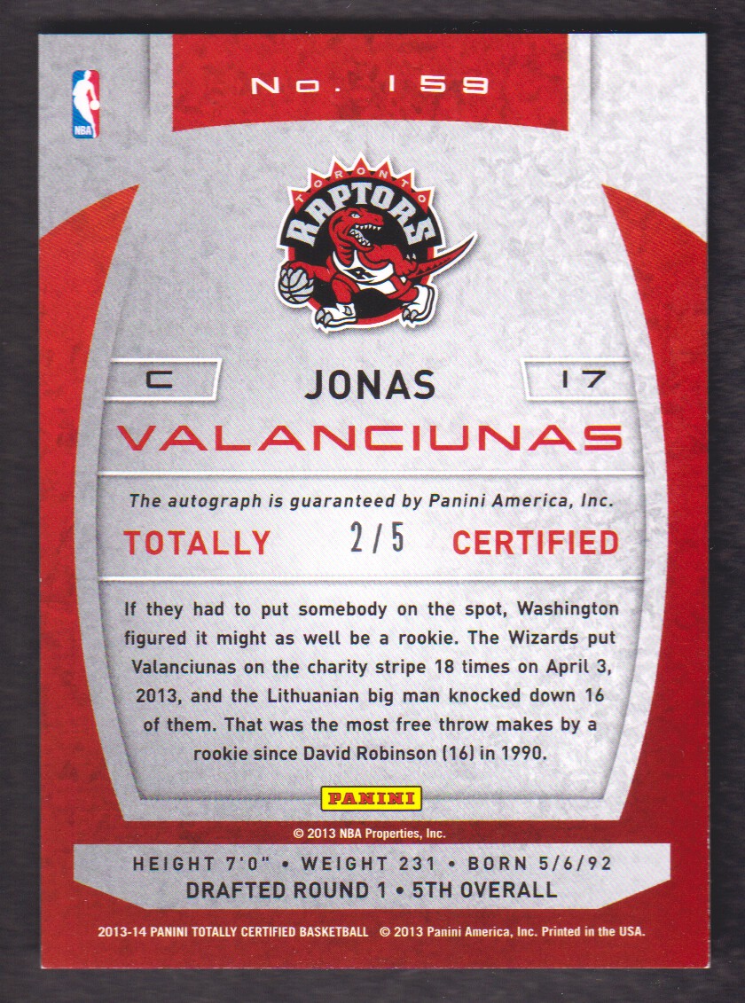2013-14 Totally Certified Autographs Blue #159 Jonas Valanciunas/5 back image