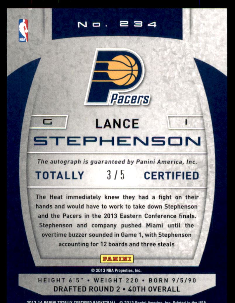 2013-14 Totally Certified Autographs Green #234 Lance Stephenson/5 back image