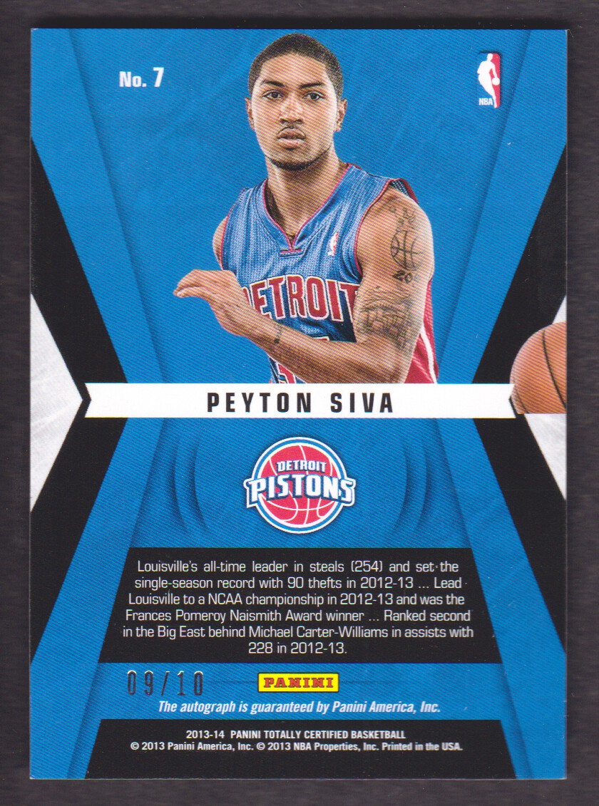 2013-14 Totally Certified Rookie Roll Call Autographs Gold #7 Peyton Siva back image