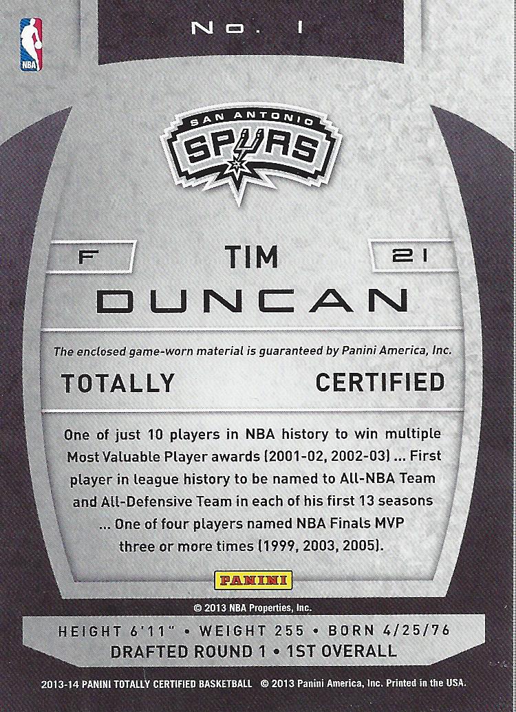2013-14 Totally Certified Materials #1 Tim Duncan back image