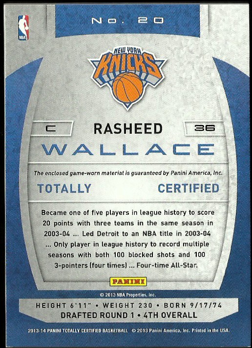 2013-14 Totally Certified Materials #20 Rasheed Wallace back image