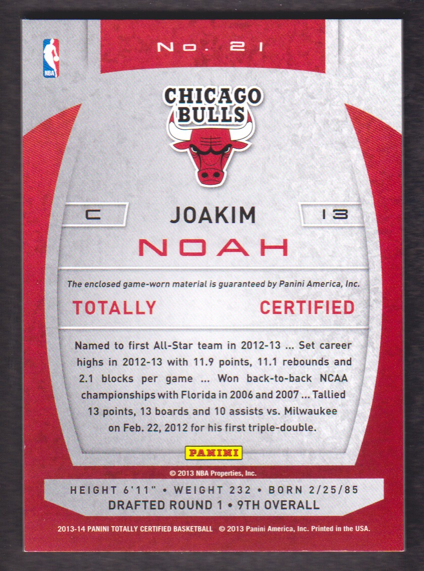 2013-14 Totally Certified Materials #21 Joakim Noah back image