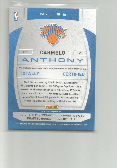 2013-14 Totally Certified Materials #53 Carmelo Anthony back image