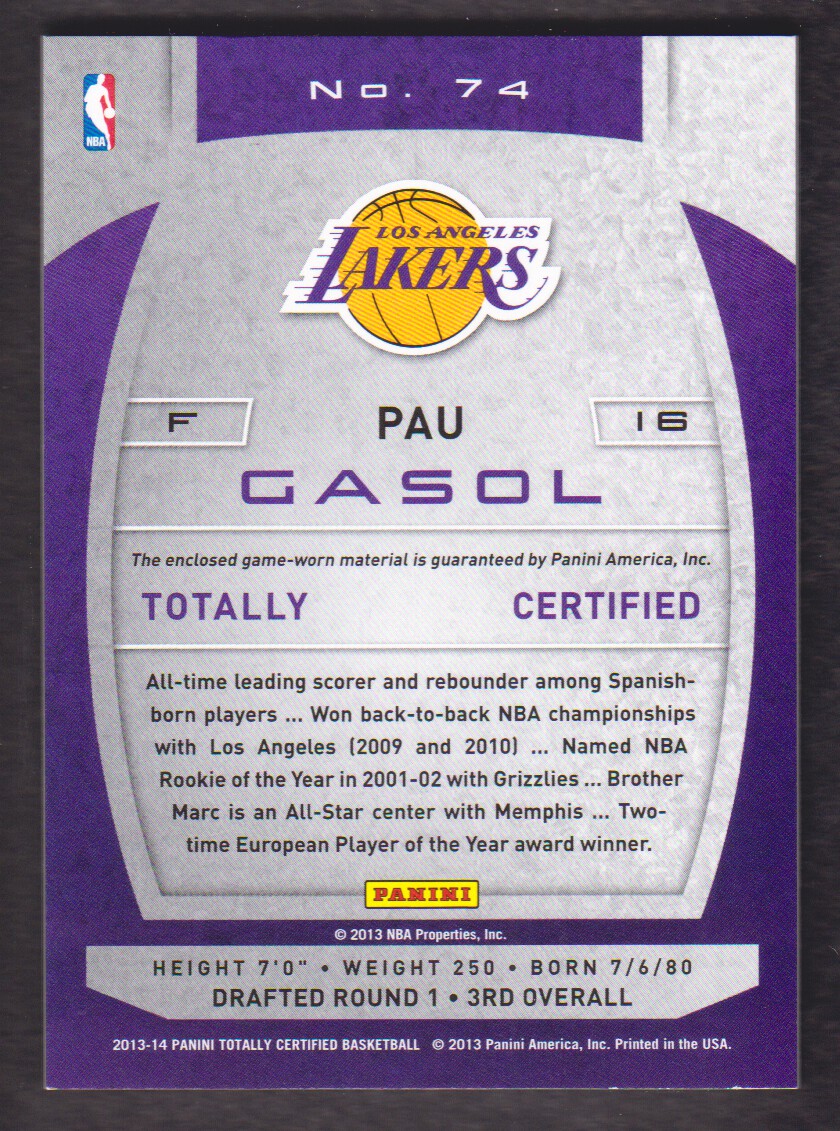 2013-14 Totally Certified Materials #74 Pau Gasol back image