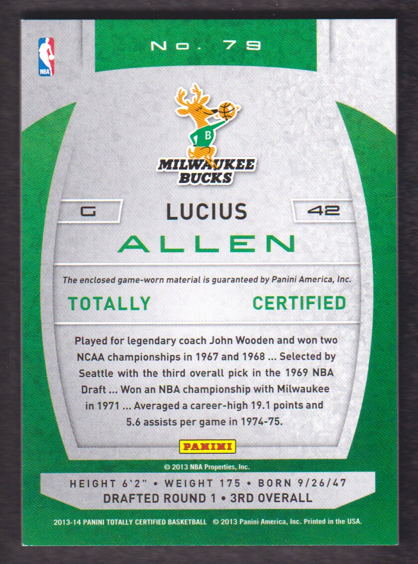 2013-14 Totally Certified Materials #79 Lucius Allen back image
