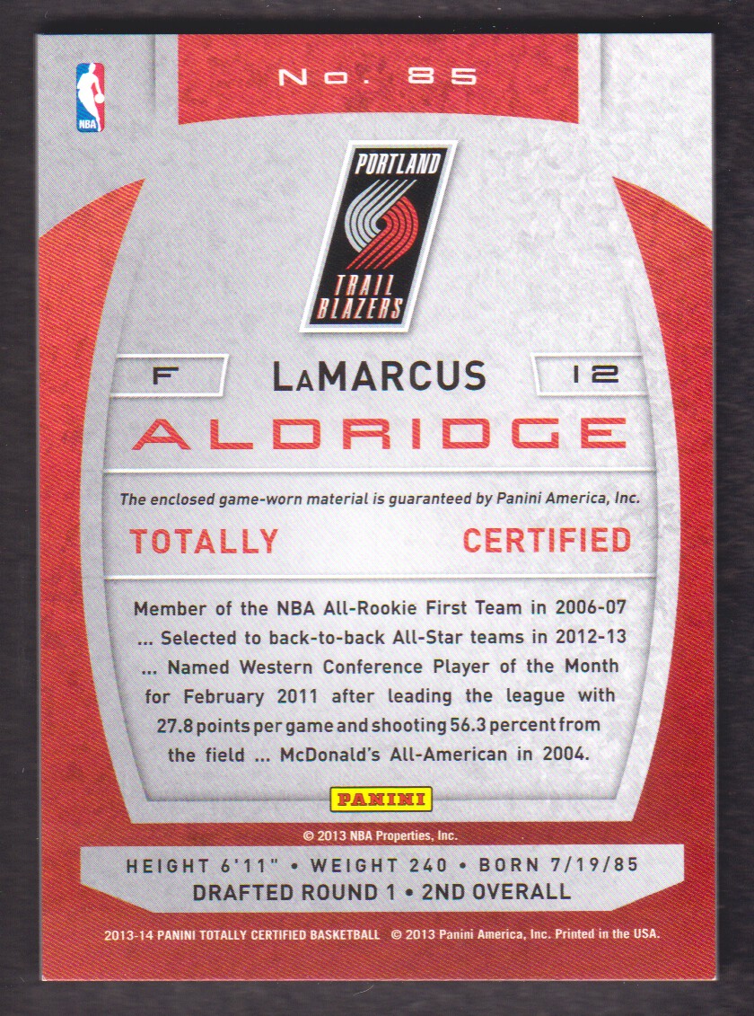 2013-14 Totally Certified Materials #85 LaMarcus Aldridge back image
