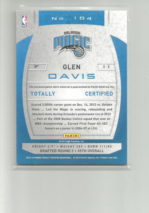 2013-14 Totally Certified Materials #104 Glen Davis back image