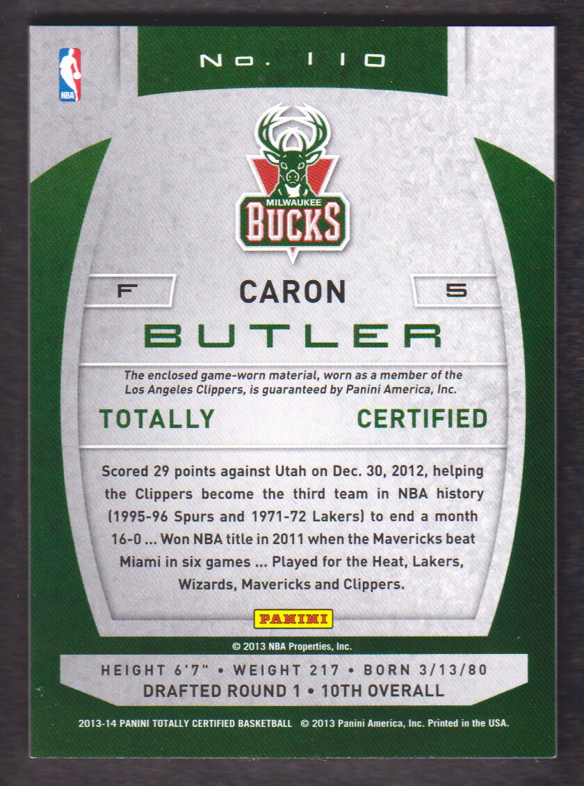2013-14 Totally Certified Materials #110 Caron Butler back image