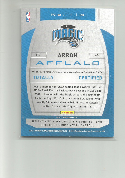2013-14 Totally Certified Materials #114 Arron Afflalo back image