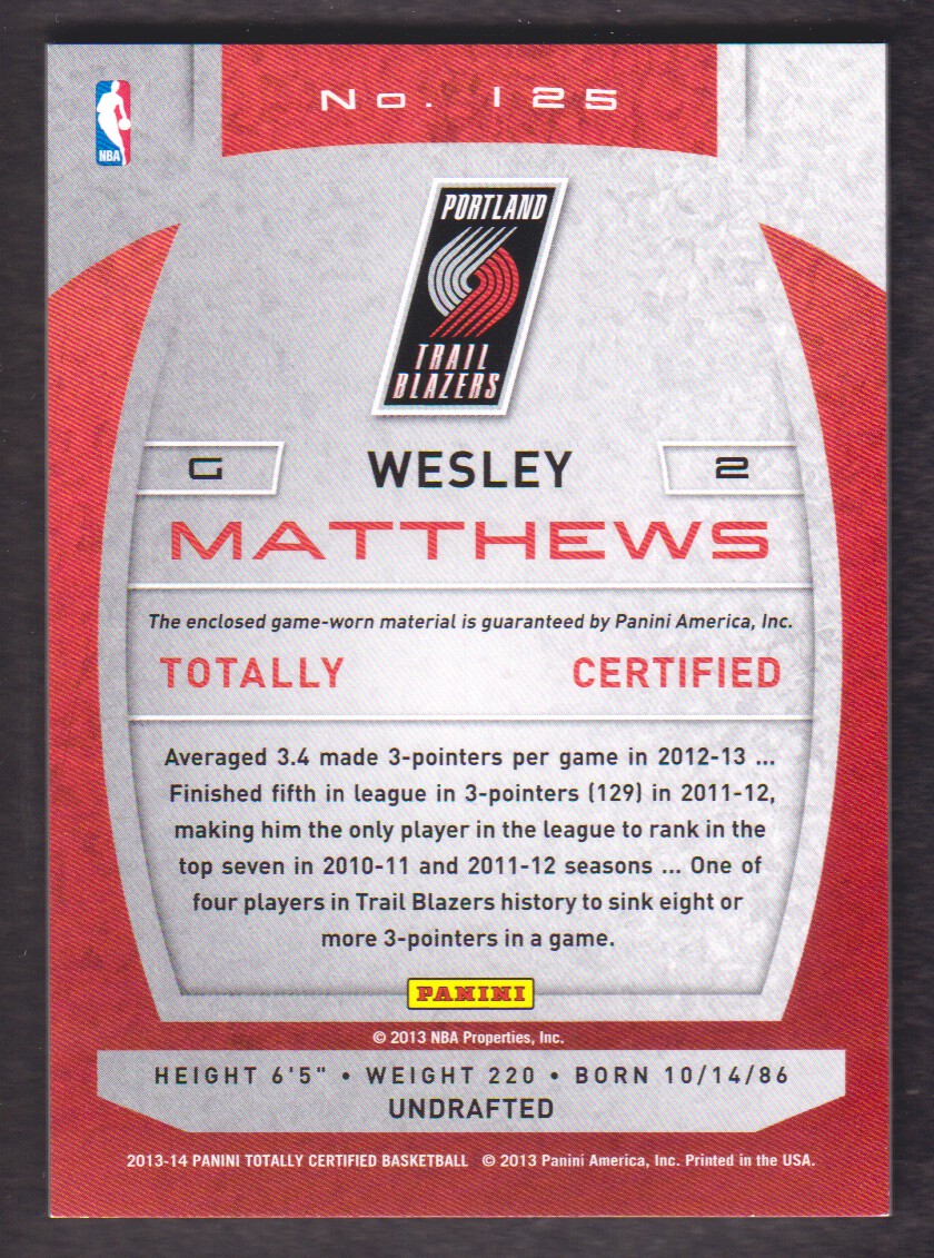 2013-14 Totally Certified Materials #125 Wesley Matthews back image