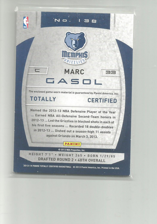 2013-14 Totally Certified Materials #138 Marc Gasol back image