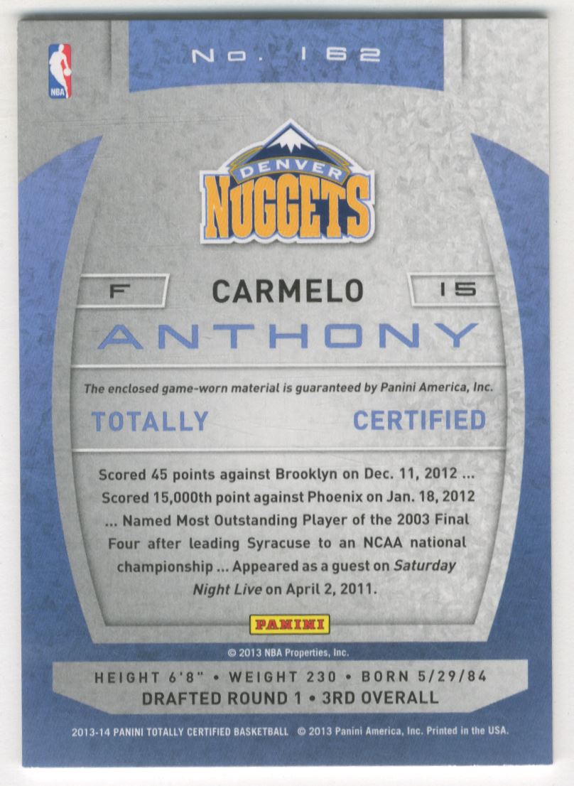 2013-14 Totally Certified Materials #162 Carmelo Anthony back image