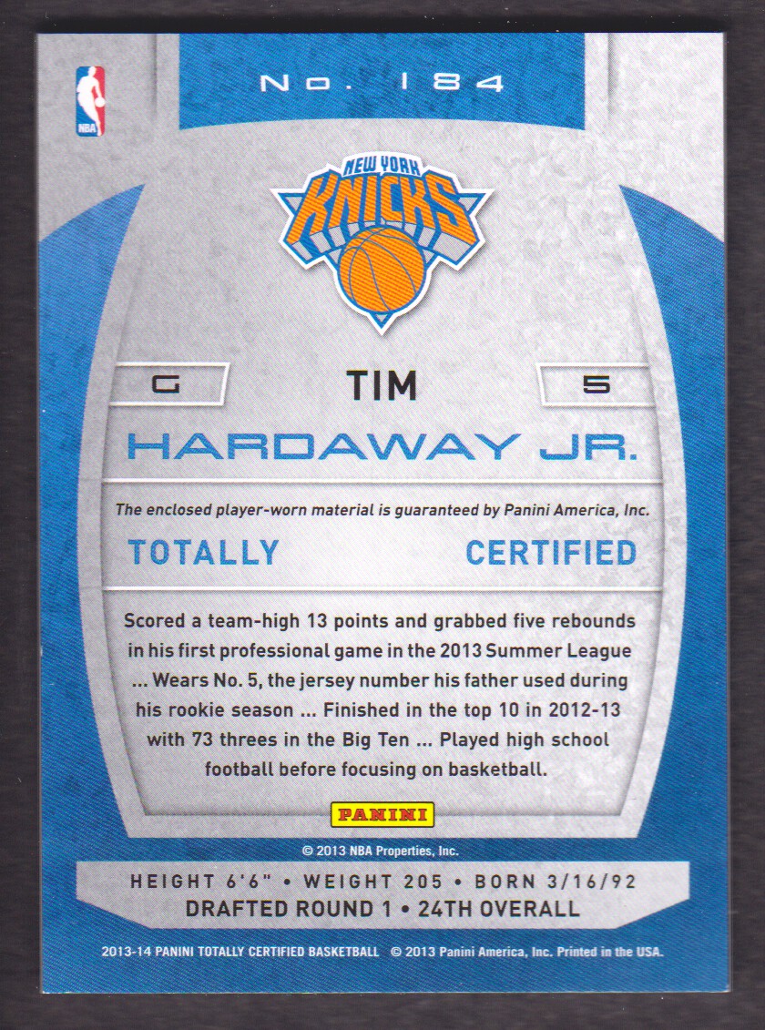 2013-14 Totally Certified Materials #184 Tim Hardaway Jr. back image