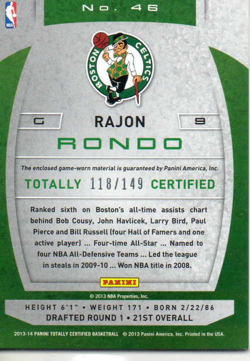 2013-14 Totally Certified Materials Red #46 Rajon Rondo/149 back image