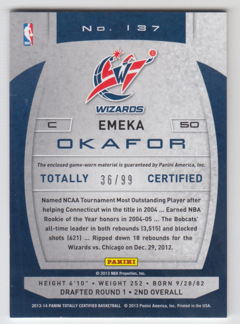 2013-14 Totally Certified Materials Red #137 Emeka Okafor/99 back image