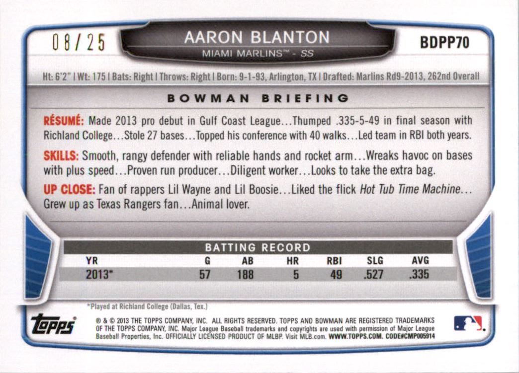 2013 Bowman Draft Draft Picks Red Ice #BDPP70 Aaron Blanton back image