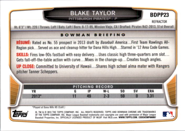 2013 Bowman Chrome Draft Draft Picks Blue Wave Refractors #BDPP23 Blake Taylor back image