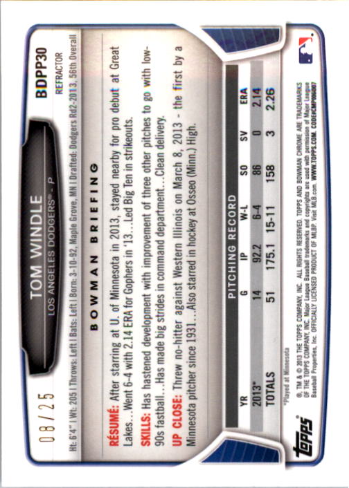 2013 Bowman Chrome Draft Draft Picks Silver Wave Refractors #BDPP30 Tom Windle back image