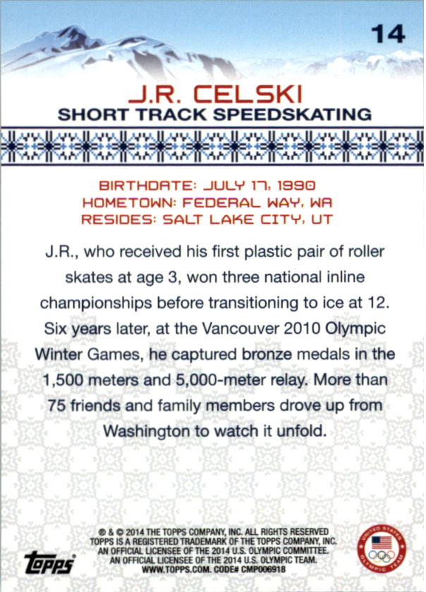 2014 Topps U.S. Olympic Team Gold Rainbow #14 J.R. Celski back image