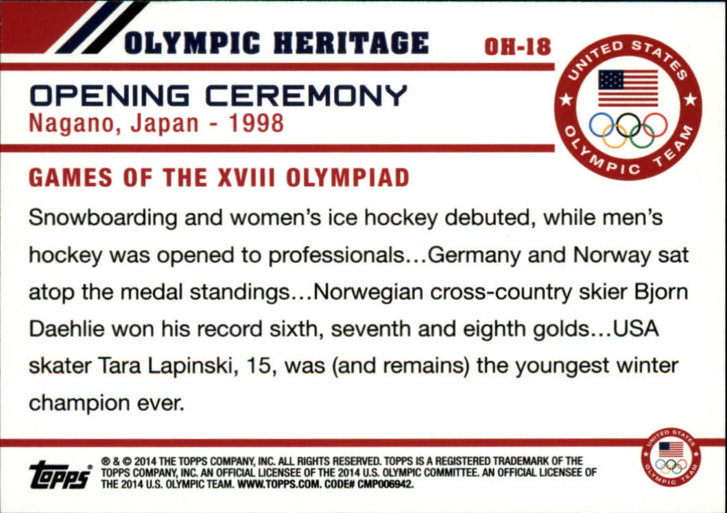 2014 Topps U.S. Olympic Team Olympic Heritage #OH18 1998 Nagano, Japan back image