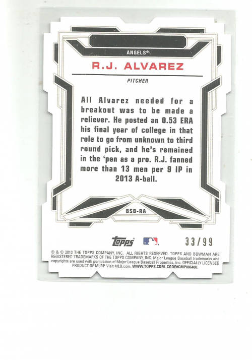 2013 Bowman Draft Scout Breakouts Die-Cuts X-Fractors #RA R.J. Alvarez back image