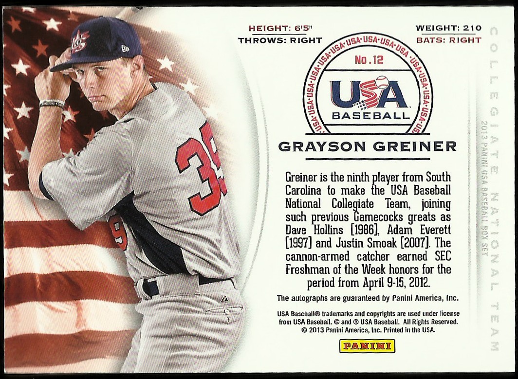 2013 USA Baseball Collegiate National Team Inscriptions #12 Grayson Greiner back image