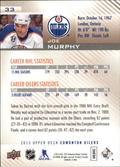 2013-14 Upper Deck Edmonton Oilers #33 Joe Murphy back image