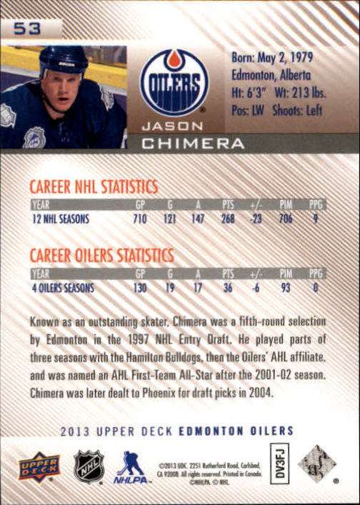 2013-14 Upper Deck Edmonton Oilers #53 Jason Chimera back image