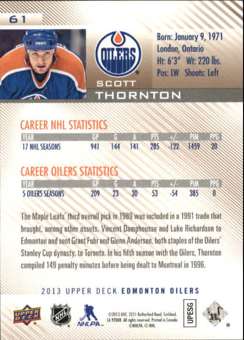 2013-14 Upper Deck Edmonton Oilers #61 Scott Thornton back image
