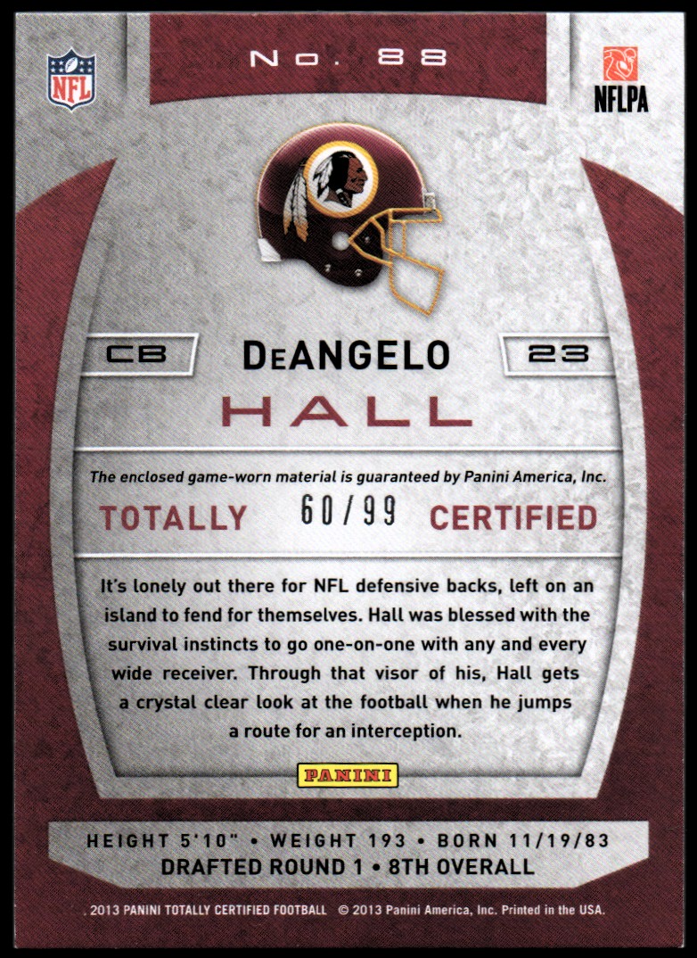 2013 Totally Certified Blue Materials #88 DeAngelo Hall/99 back image