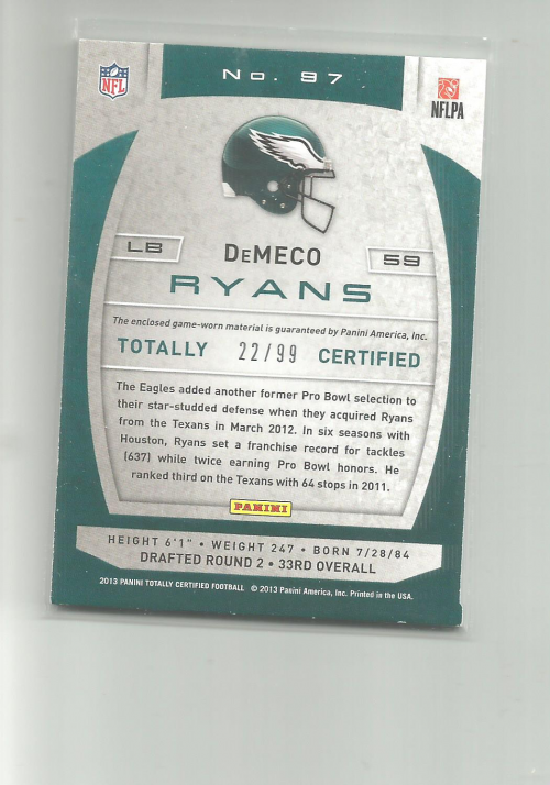 2013 Totally Certified Blue Materials #97 DeMeco Ryans/99 back image