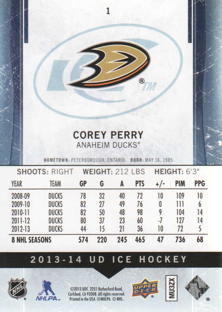 2013-14 Upper Deck Ice #1 Corey Perry back image