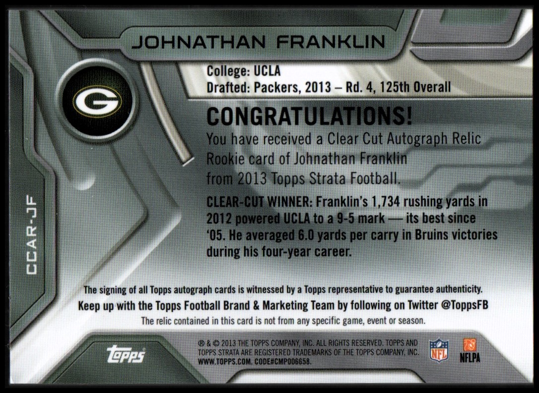 2013 Topps Strata Clear Cut Rookie Relic Autographs #CCARJF Johnathan Franklin back image