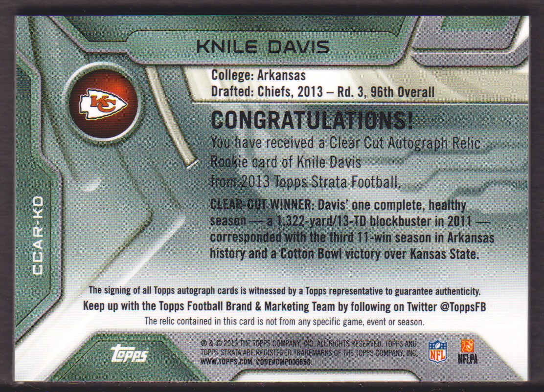 2013 Topps Strata Clear Cut Rookie Relic Autographs Gold #CCARKD Knile Davis back image
