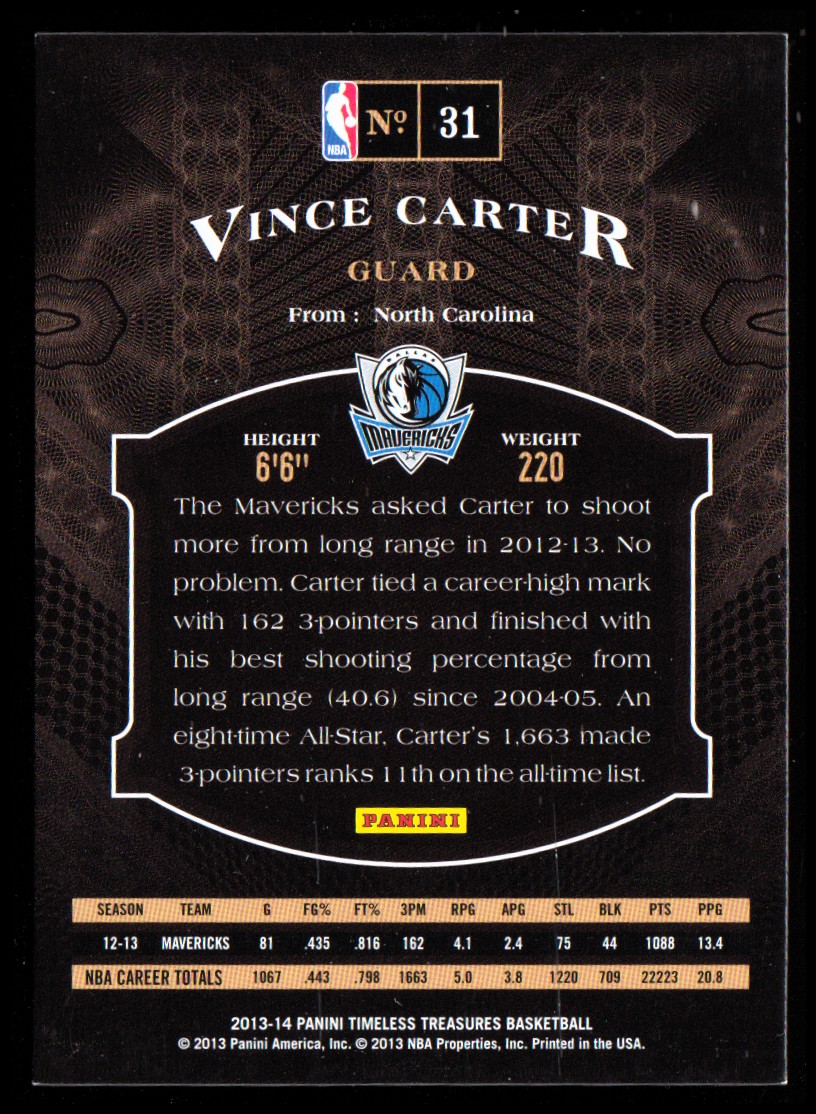 2013-14 Timeless Treasures Gold #31 Vince Carter back image