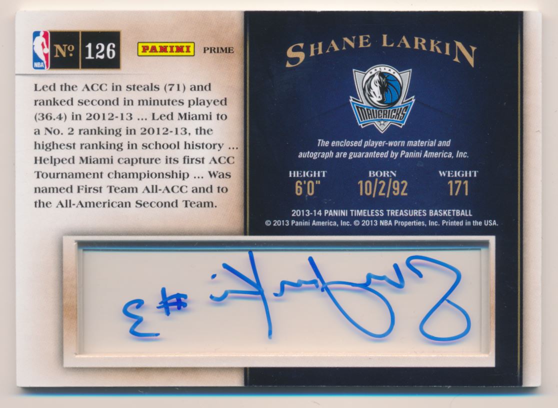 2013-14 Timeless Treasures Rookie Jersey Autographs Prime #126 Shane Larkin back image