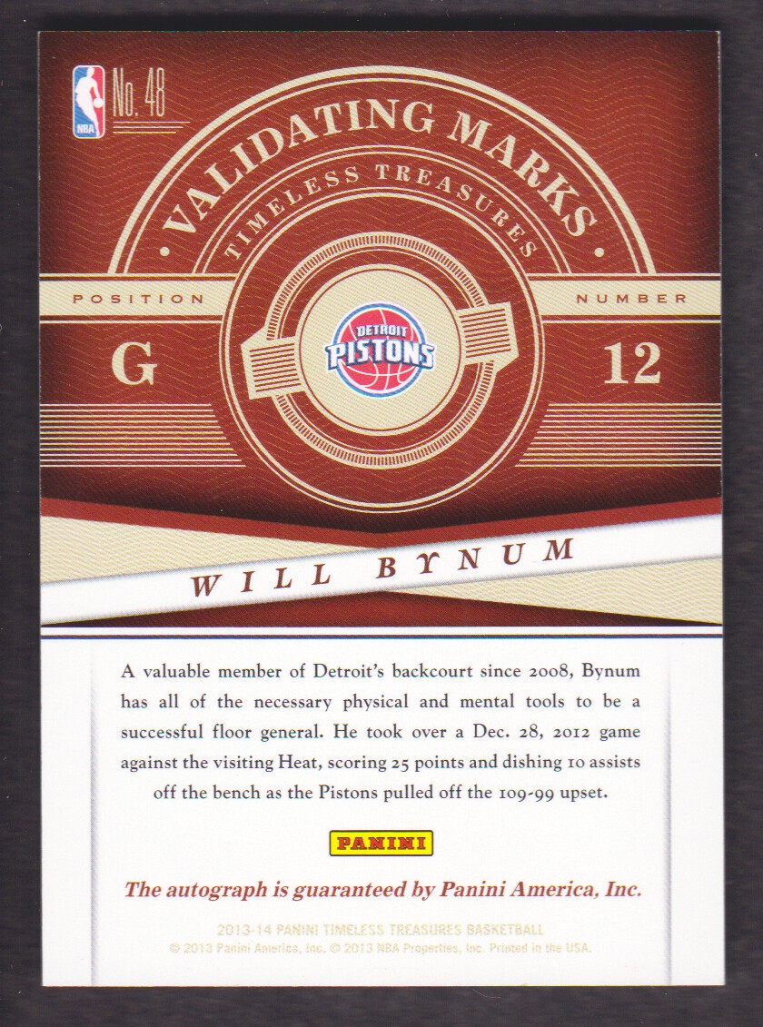 2013-14 Timeless Treasures Validating Marks #48 Will Bynum back image