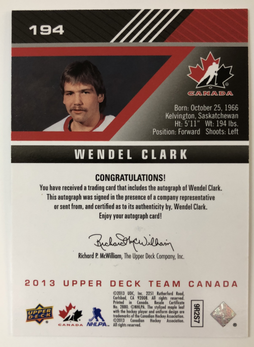 2013-14 Upper Deck Team Canada Autographs Black #194 Wendel Clark back image