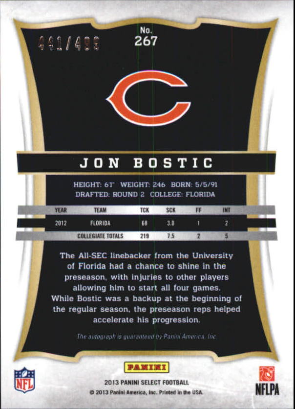 2013 Select Rookie Autographs #267 Jon Bostic/499 back image