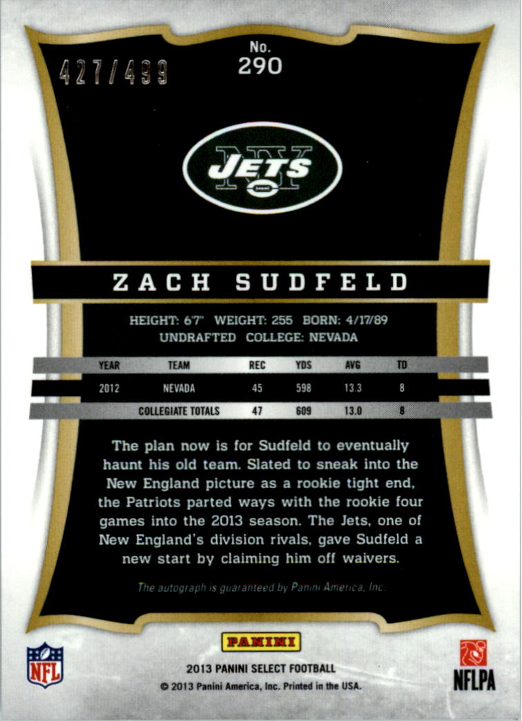 2013 Select Rookie Autographs #290 Zach Sudfeld/499 back image