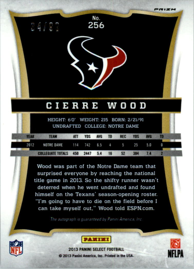 2013 Select Rookie Autographs Prizm #256 Cierre Wood/99 back image